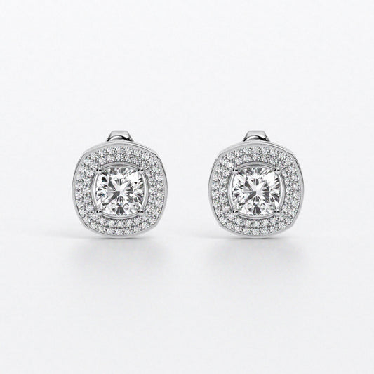 Pendientes de oro de 18K con diamante talla cushion y halo de diamantes