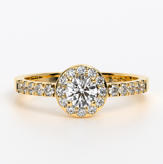 Anillo solitario de oro blanco de 18kt con rosetón central con diamante de 4,5mm y media alianza de 28 diamantes de 1,3 mm (2,57ct en total)