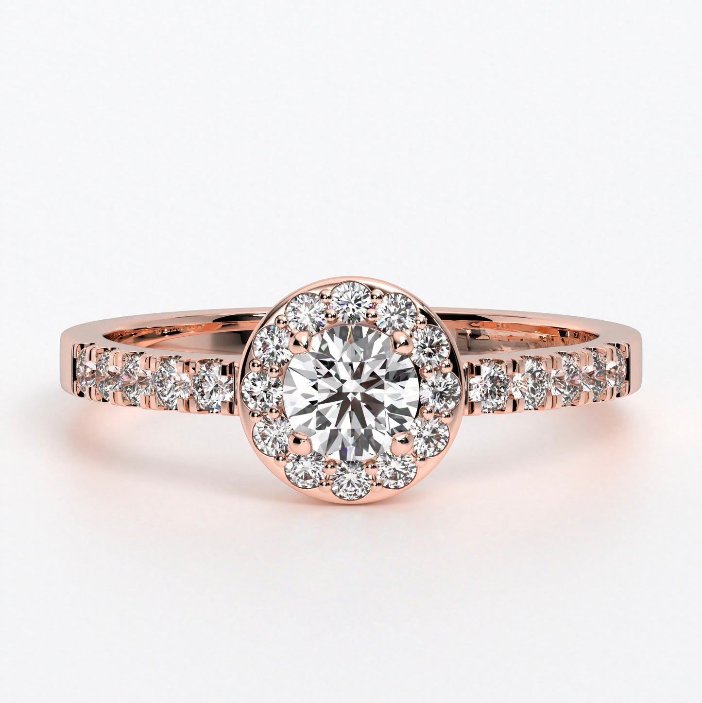 Anillo solitario de oro blanco de 18kt con rosetón central con diamante de 4,5mm y media alianza de 28 diamantes de 1,3 mm (2,57ct en total)