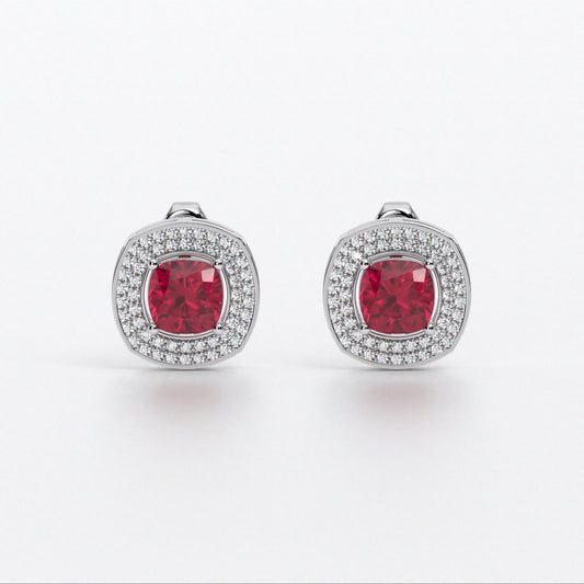Pendientes de oro de 18K con rubí talla cushion y halo de diamantes