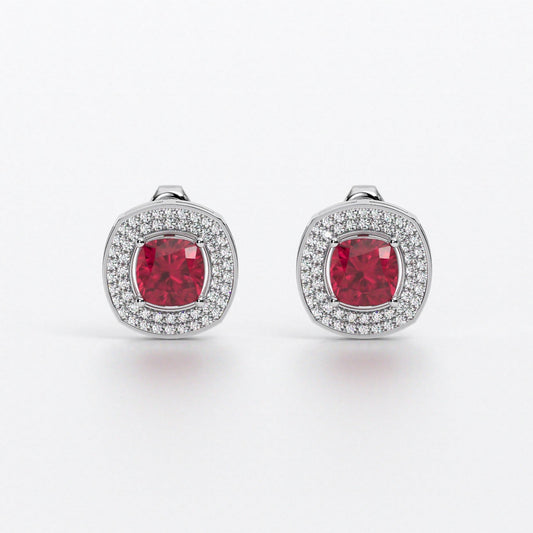 Pendientes de oro de 18K con rubí talla cushion y halo de diamantes
