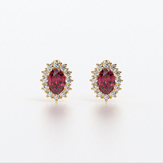 Pendientes rosetón oro blanco de 18K con rubí natural y diamantes