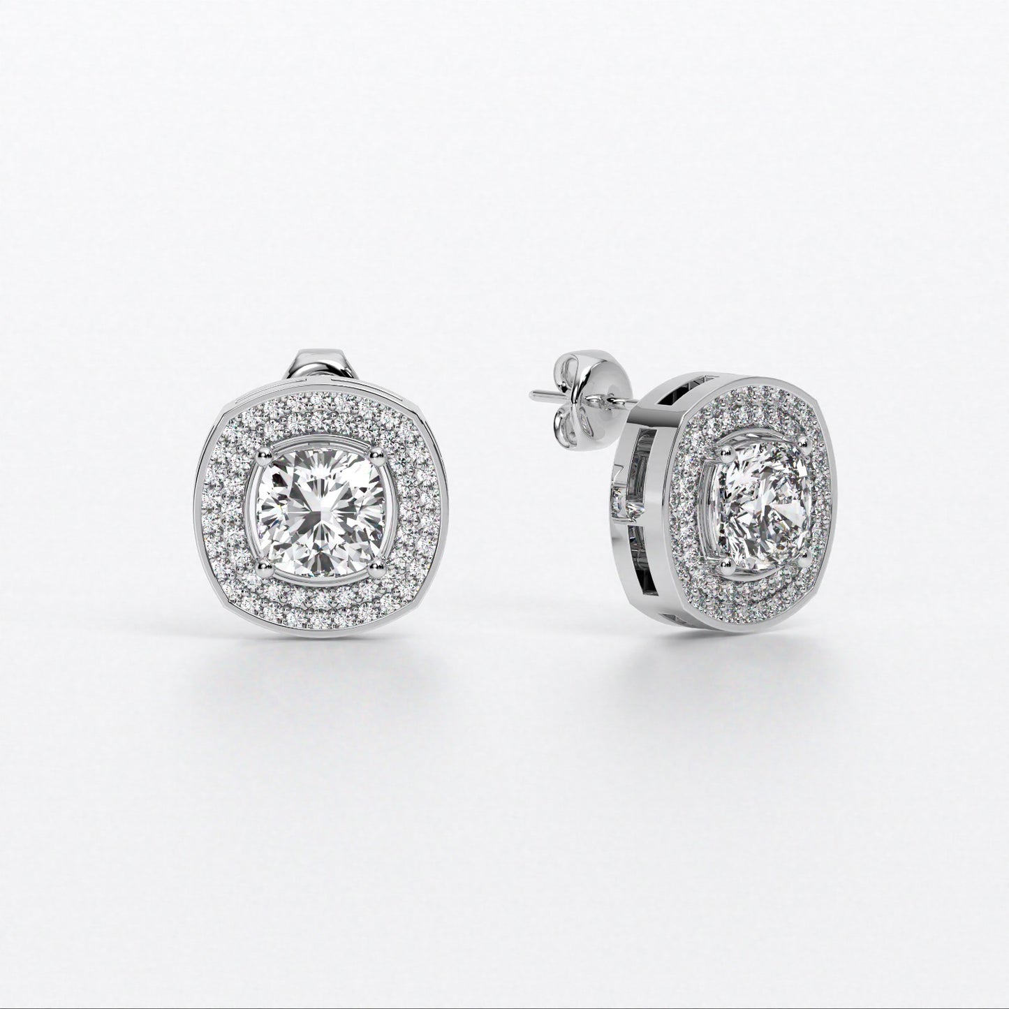 Pendientes de oro de 18K con diamante talla cushion y halo de diamantes
