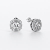 Pendientes de oro de 18K con diamante talla cushion y halo de diamantes