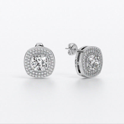 Pendientes de oro de 18K con diamante talla cushion y halo de diamantes