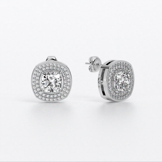 Pendientes de oro de 18K con diamante talla cushion y halo de diamantes