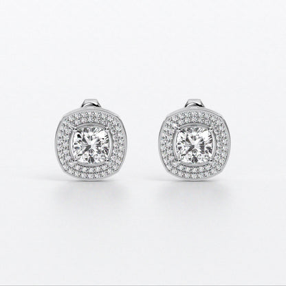 Pendientes de oro de 18K con diamante talla cushion y halo de diamantes