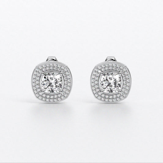 Pendientes de oro de 18K con diamante talla cushion y halo de diamantes