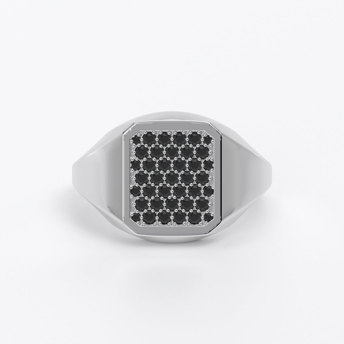 Anillo sello de oro blanco de 18K con diamantes negros en pavé