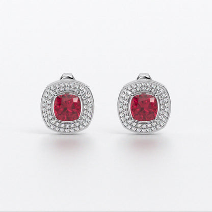 Pendientes de oro de 18K con rubí talla cushion y halo de diamantes