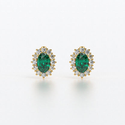 Pendientes rosetón oro blanco de 18K con esmeralda natural y diamantes