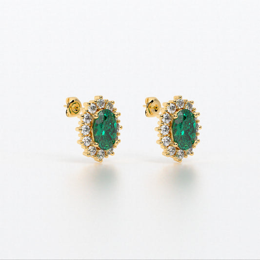 Pendientes rosetón oro blanco de 18K con esmeralda natural y diamantes