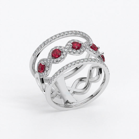 Anillo en oro blanco 18K con rubíes centrales engastados y halos de diamantes