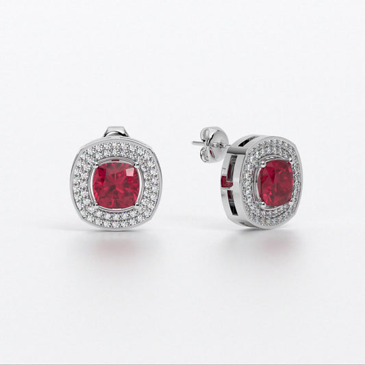 Pendientes de oro de 18K con rubí talla cushion y halo de diamantes