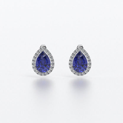 Pendientes rosetón de oro blanco de 18K con un zafiro natural y diamantes blancos