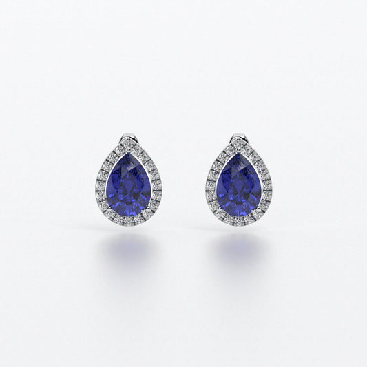 Pendientes rosetón de oro blanco de 18K con un zafiro natural y diamantes blancos