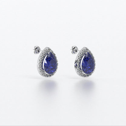 Pendientes rosetón de oro blanco de 18K con un zafiro natural y diamantes blancos