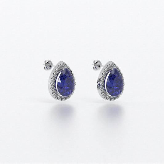 Pendientes rosetón de oro blanco de 18K con un zafiro natural y diamantes blancos