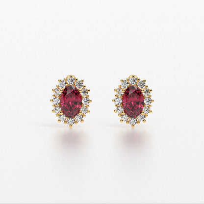 Pendientes rosetón oro blanco de 18K con rubí natural y diamantes