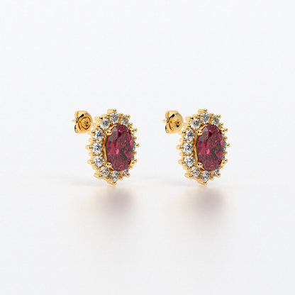 Pendientes rosetón oro blanco de 18K con rubí natural y diamantes