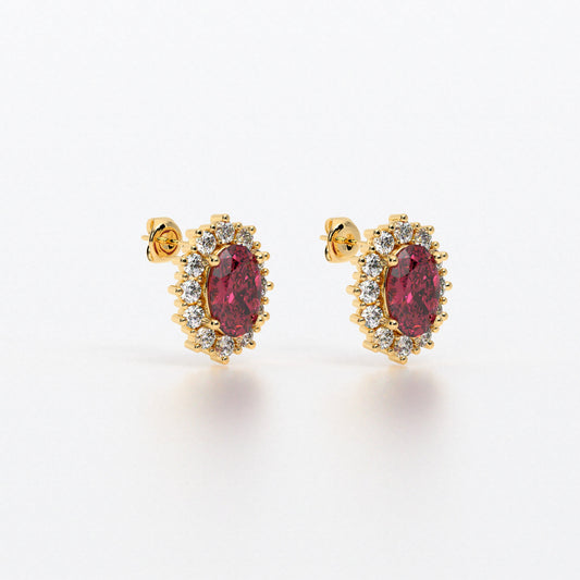 Pendientes rosetón oro blanco de 18K con rubí natural y diamantes