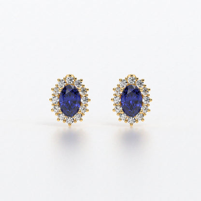 Pendientes rosetón oro blanco de 18K con zafiro azul natural y diamantes