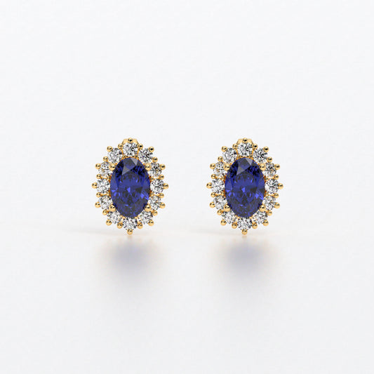 Pendientes rosetón oro blanco de 18K con zafiro azul natural y diamantes