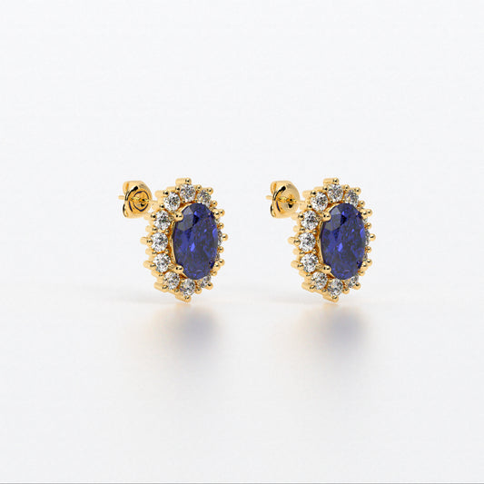 Pendientes rosetón oro blanco de 18K con zafiro azul natural y diamantes